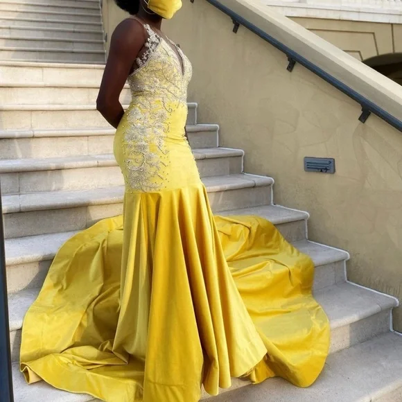 green emerald velvet dress Satin Bright Yellow Long Prom Dresses Beaded Bodice – loveangeldress